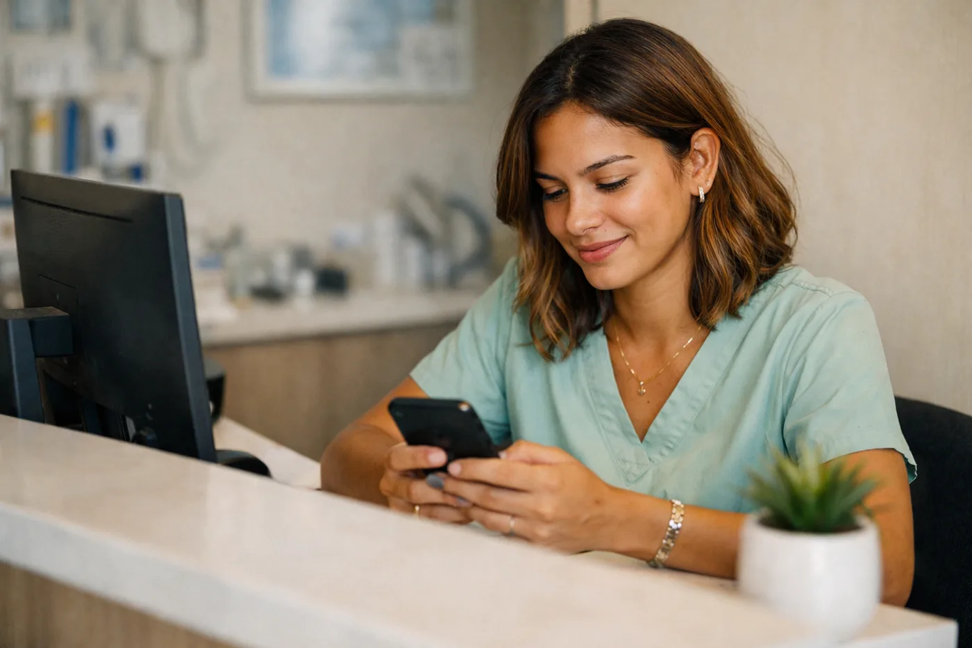Recepcionista de clínica odontológica olhando o celular ao lado do computador