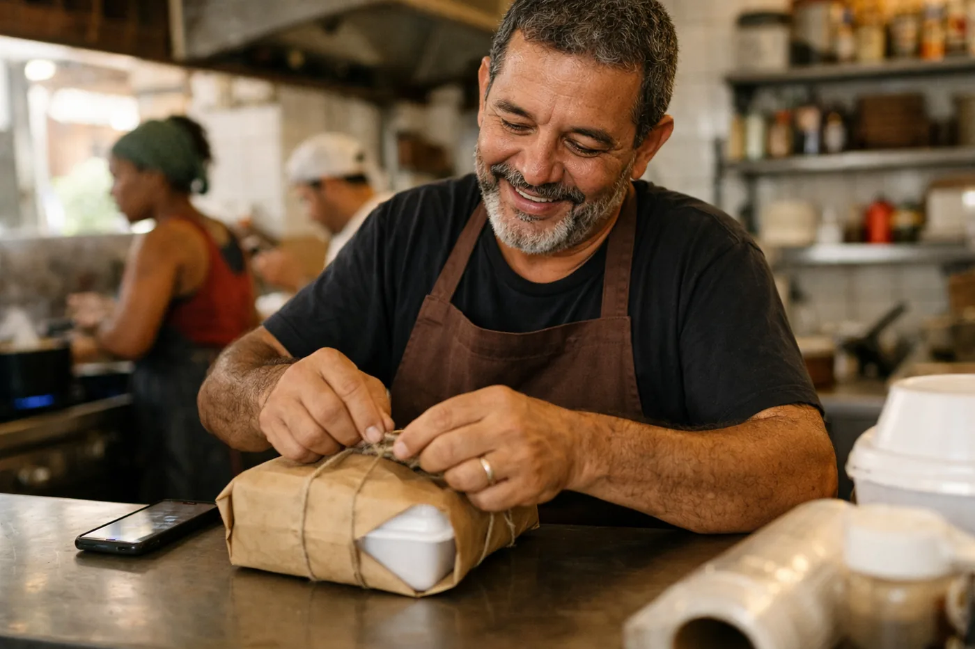 Dono de restaurante embalando um pedido para entrega com o celular ao lado