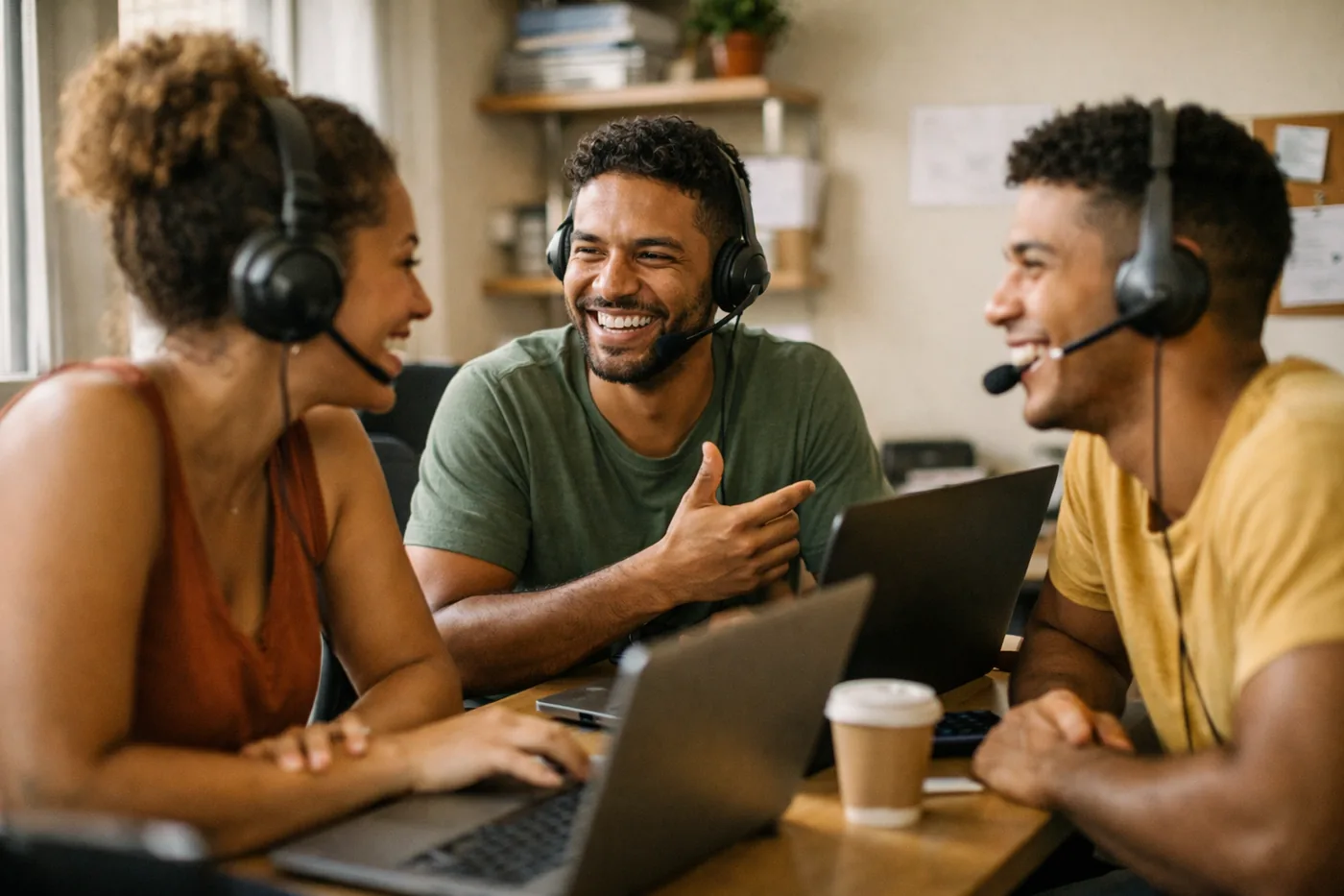 Três atendentes com fones de ouvido e notebooks conversando e sorrindo em um escritório pequeno