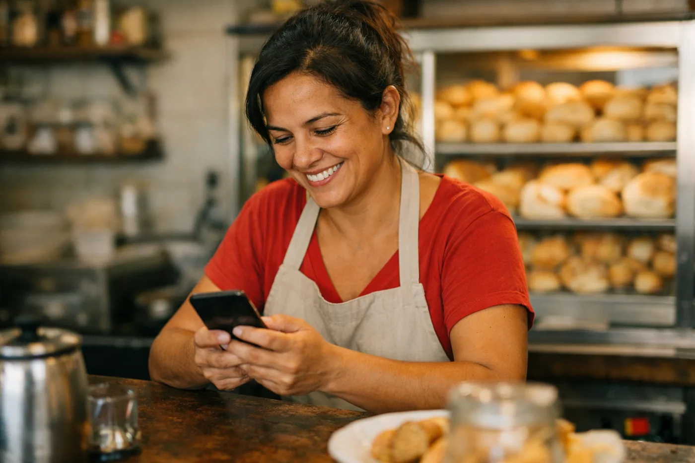 Dona de padaria sorrindo enquanto responde clientes pelo WhatsApp no celular, atrás do balcão com pães